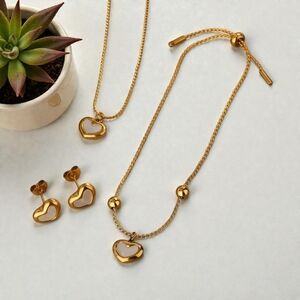 Heart Charm Jewelry Set • Stainless Steel • 18K IP Gold Plated • Waterproof